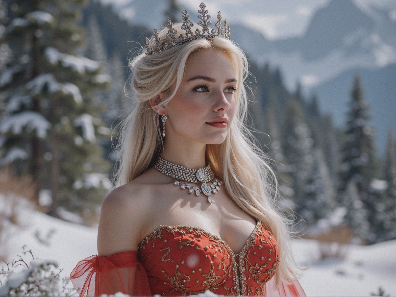 Winter Wonderland Scene with Red Gown and Crown