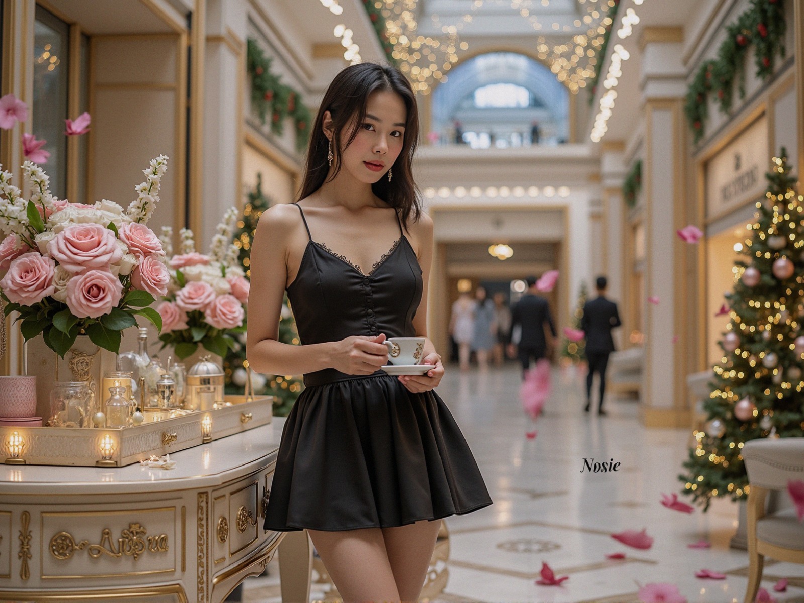 Elegant Woman in Festive Hallway with Flowers