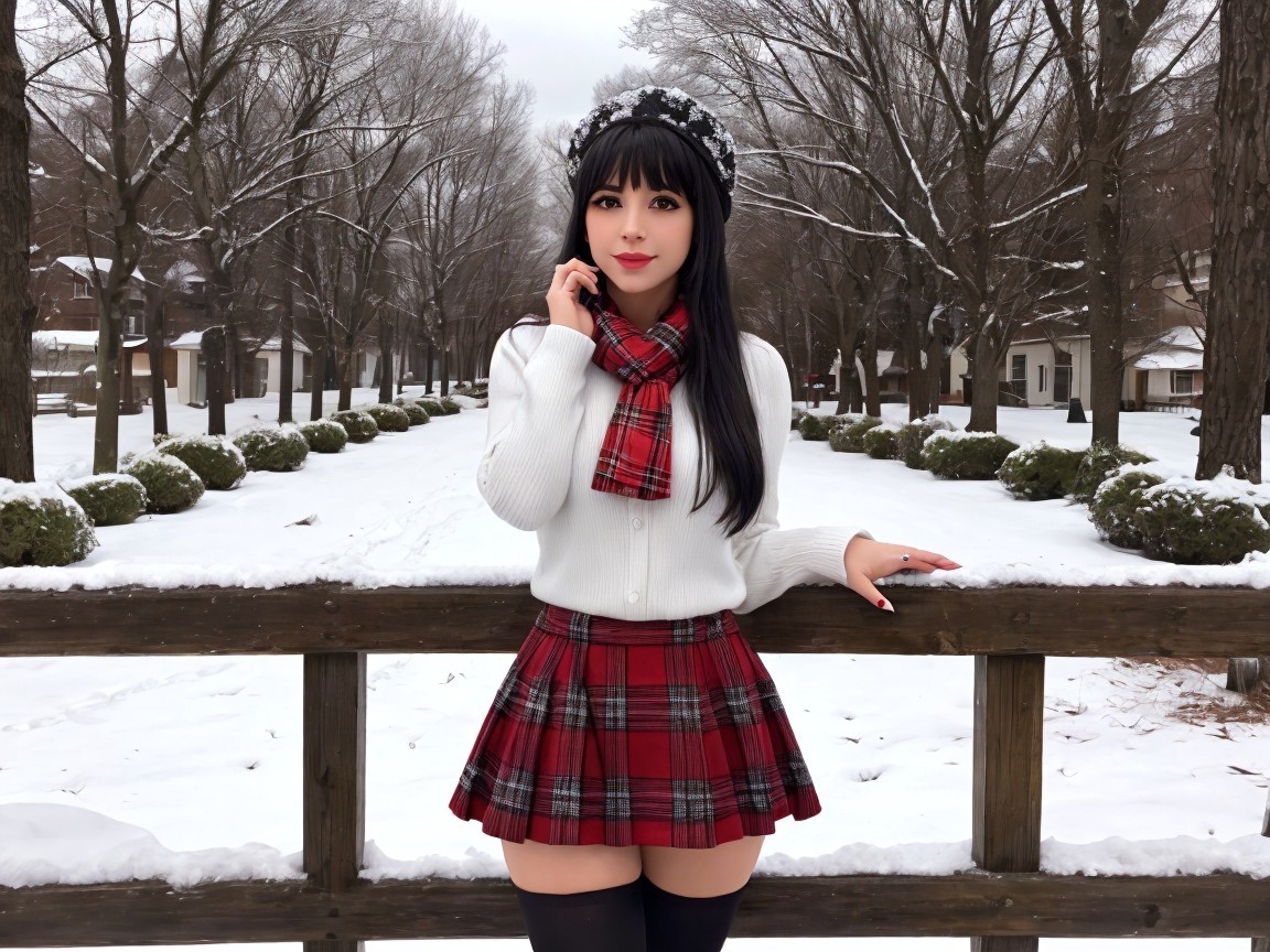Young woman in cozy winter attire on snowy railing