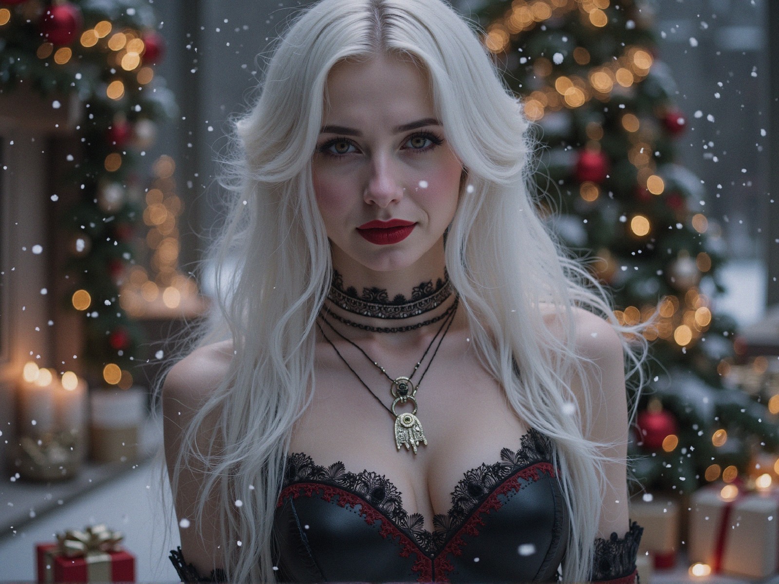 Platinum Blonde Woman in Festive Winter Scene