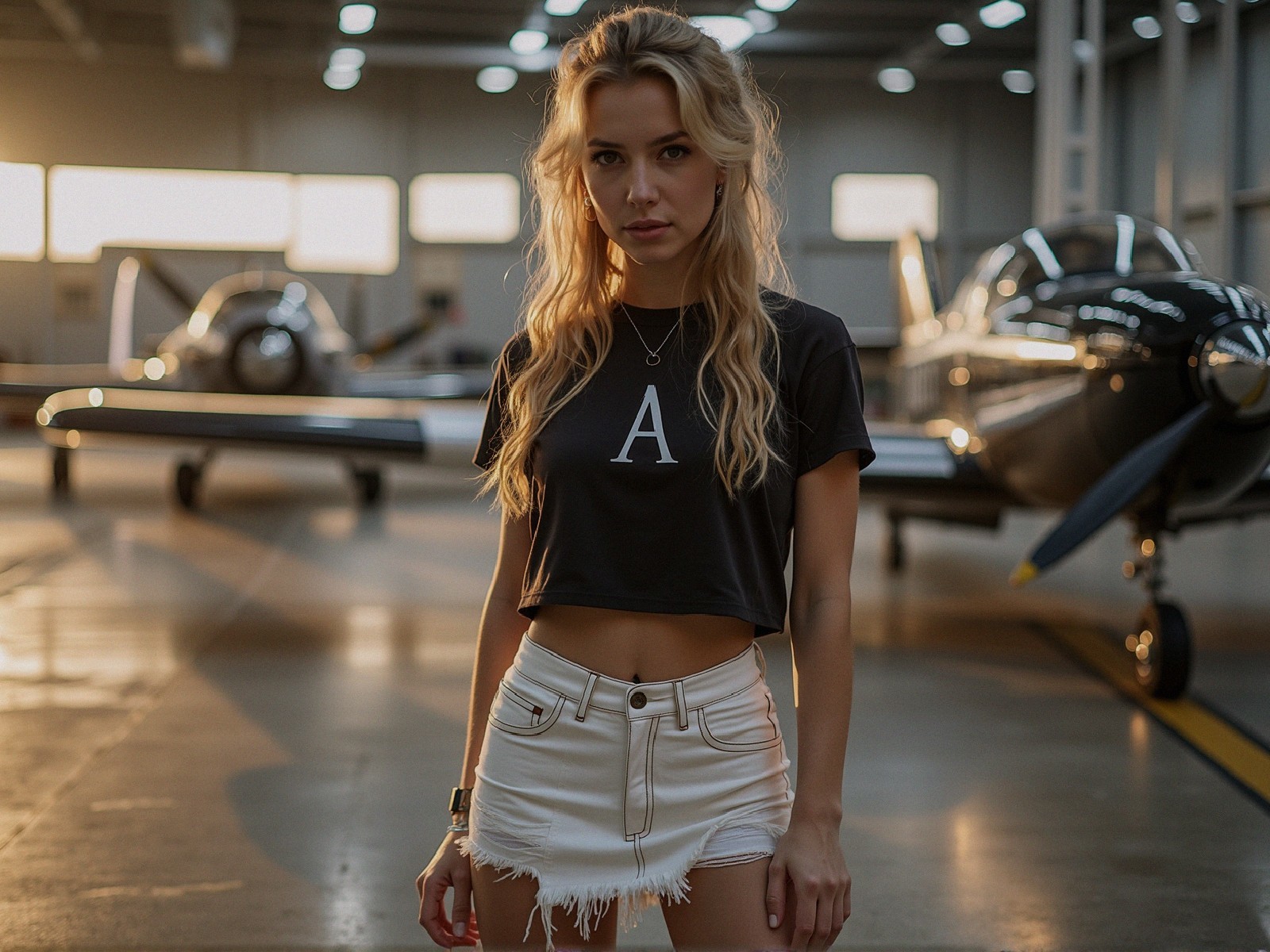 Young Woman in Hangar with Vintage Aircraft at Sunset