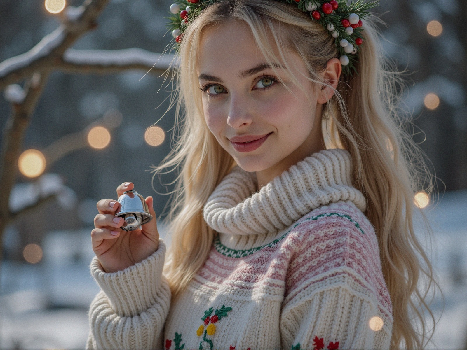 Young Woman in Cozy Sweater with Floral Crown