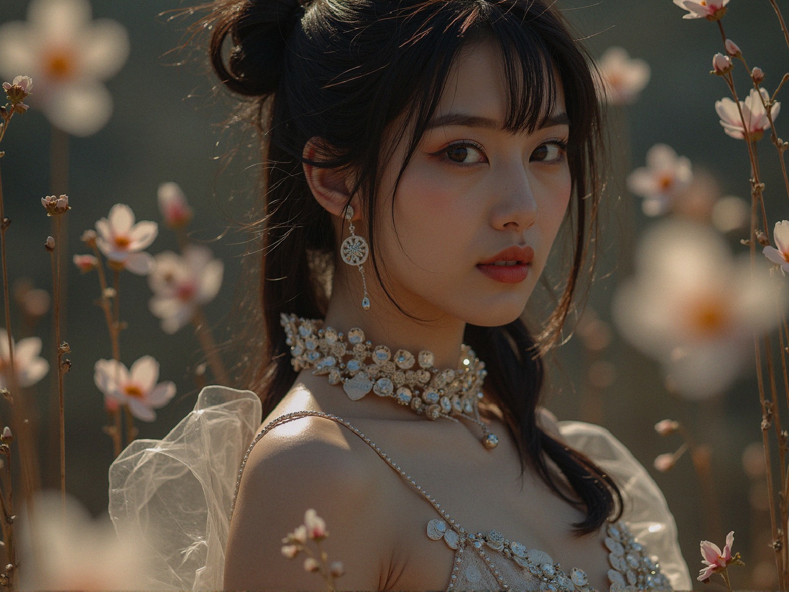 Young woman in elegant gown with sparkling jewelry