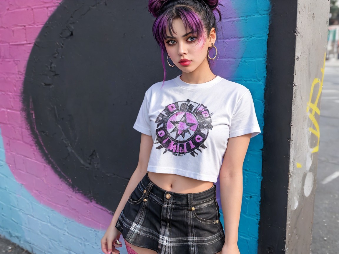 Young Woman Poses by Vibrant Pink and Black Mural