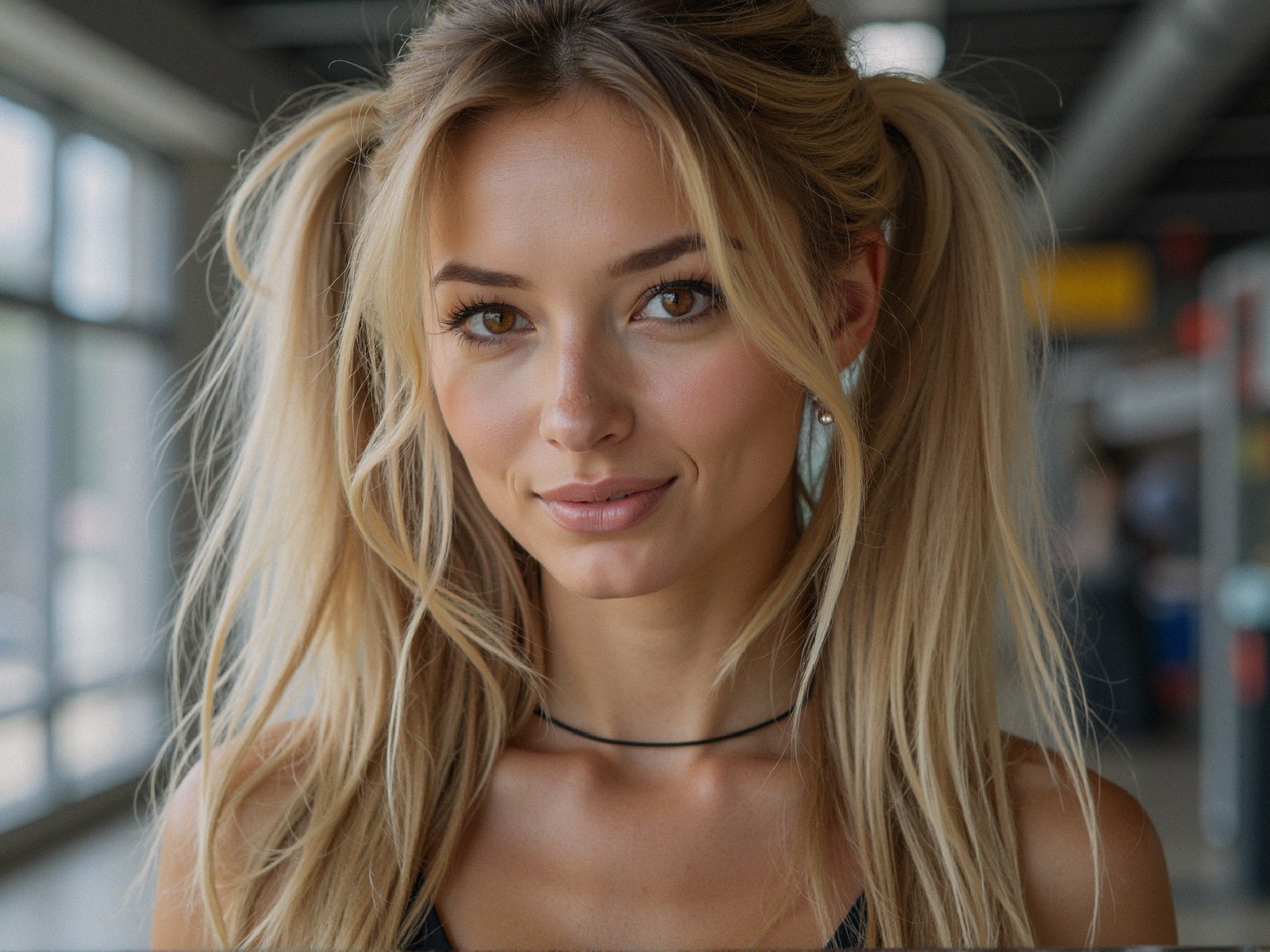 Young woman with blonde pigtails in bright setting