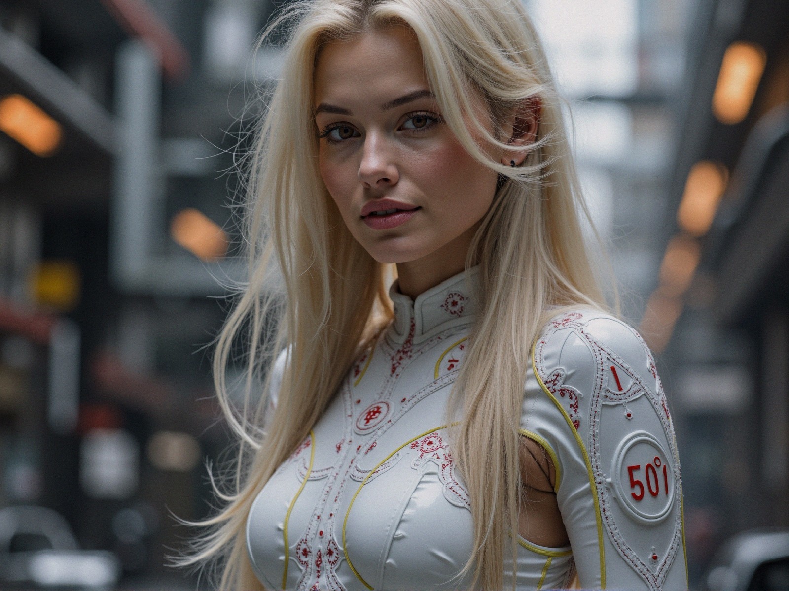 Young Woman in Futuristic Outfit in Urban Setting