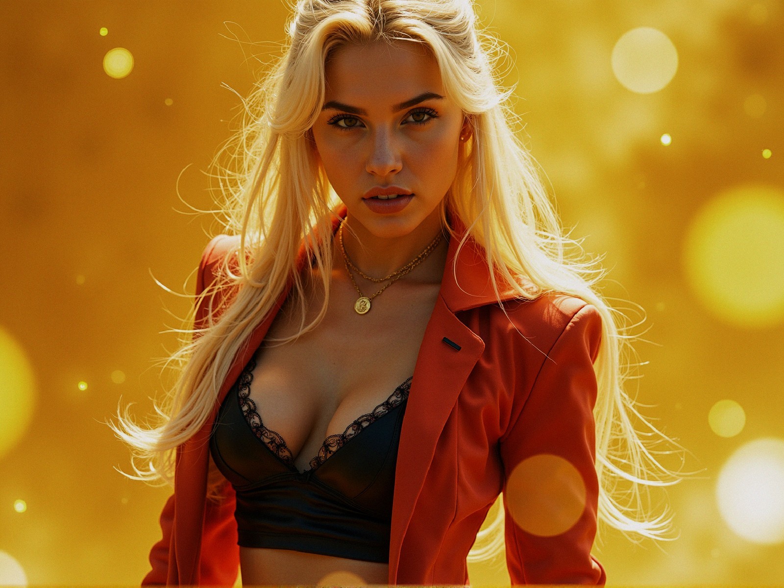 Portrait of a Woman in Orange Blazer and Lace Top