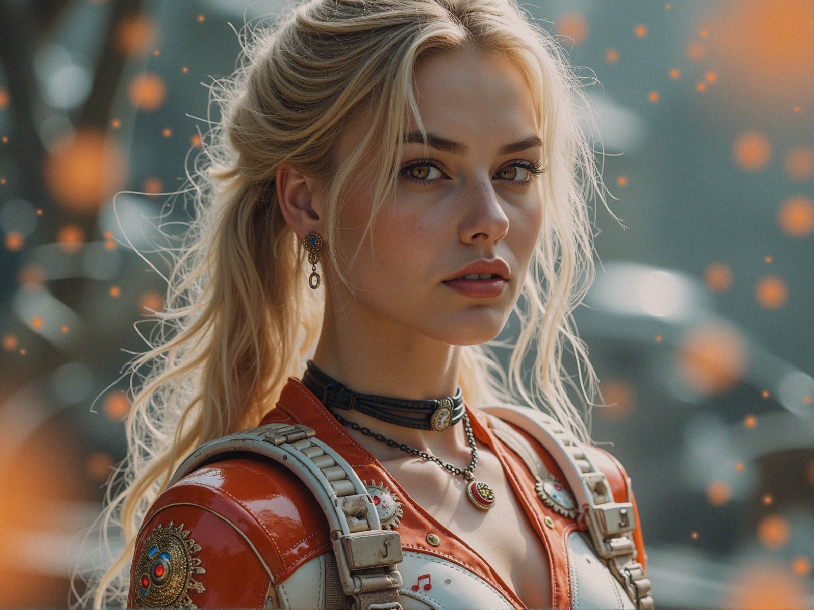 Young woman with blonde hair in vibrant outfit