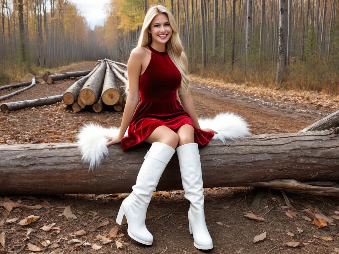 Young Woman in Red Dress Posing in Autumn Forest