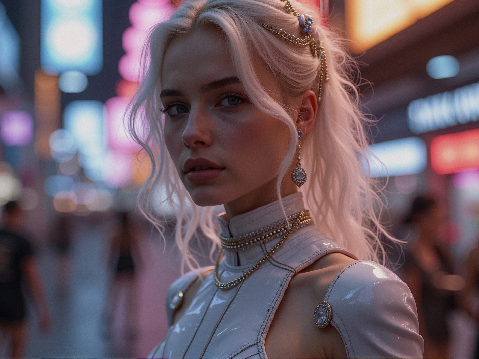 Young woman in neon-lit urban setting with headpiece