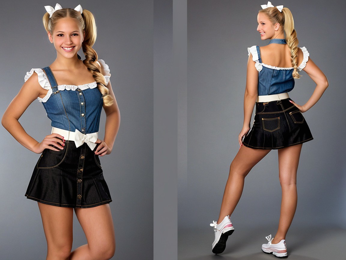 Young Woman in Denim Top and Flared Skirt Outfit