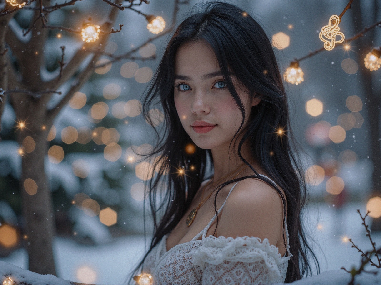 Young Woman in White Dress Against Snowy Background