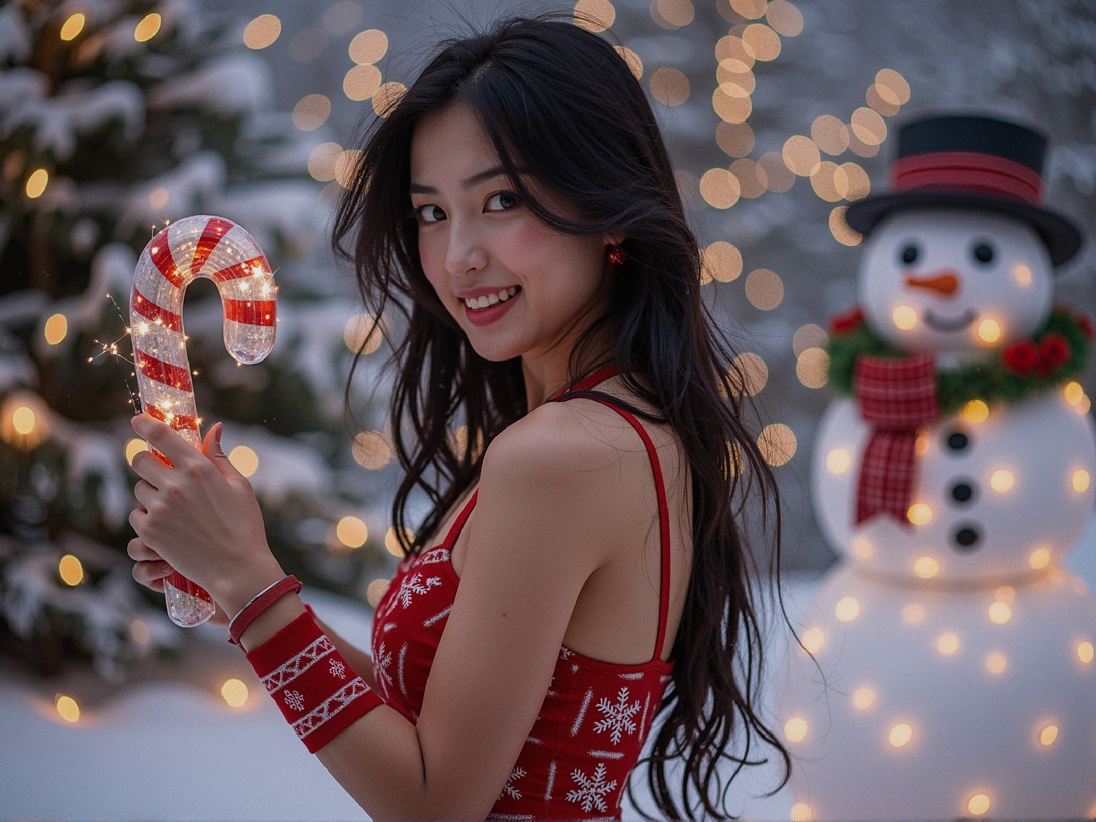 Young Woman in Holiday Outfit with Snowman and Lights
