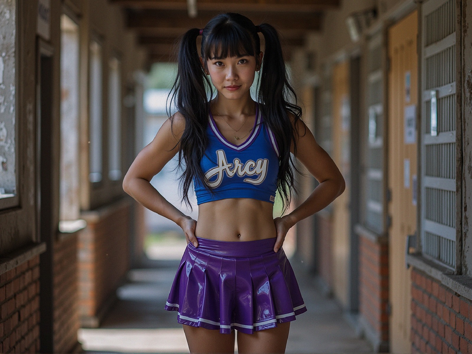 Young woman in blue crop top and purple skirt in corridor