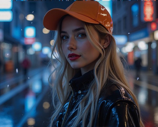 Young woman in urban night scene with neon lights
