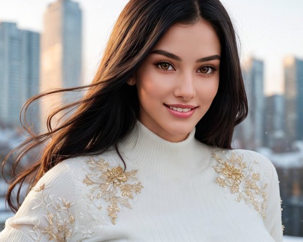 Young woman in cream sweater with city skyline backdrop
