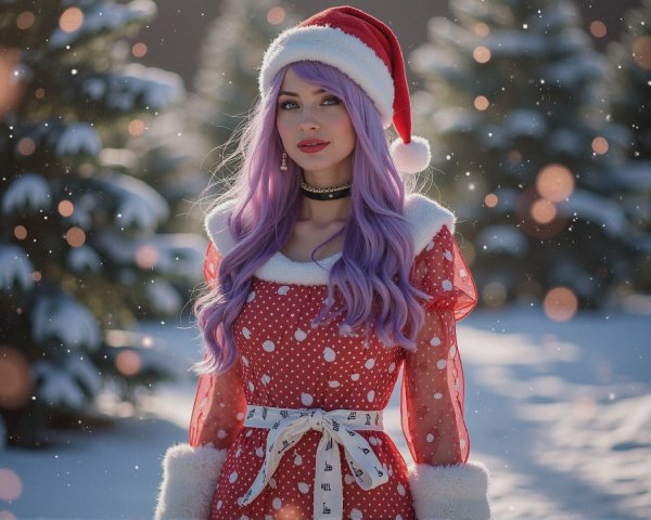 Young Woman in Festive Winter Outfit in Snowy Scene