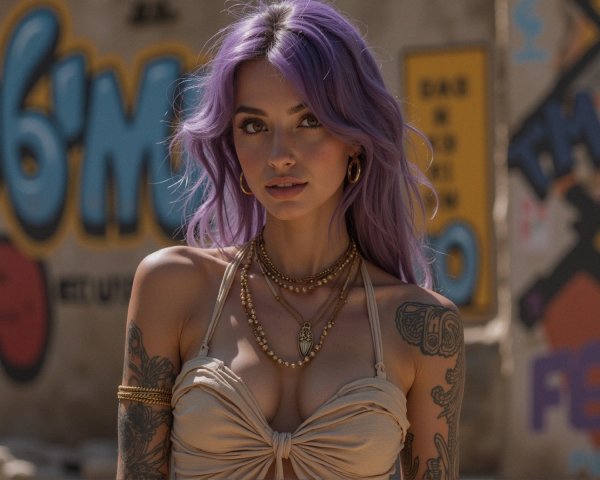 Young Woman with Purple Hair in Graffiti Setting