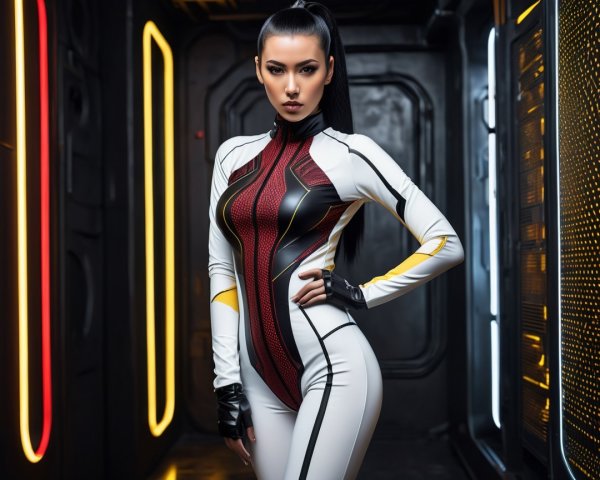 Confident Woman in Futuristic Jumpsuit with Dynamic Lighting