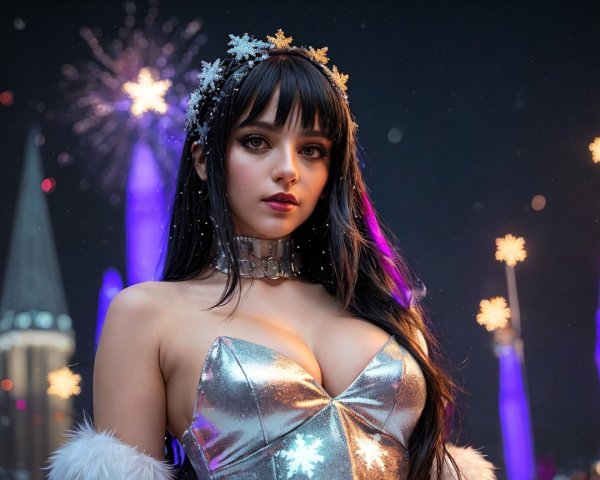 Winter Scene with Woman in Silver Dress and Fireworks