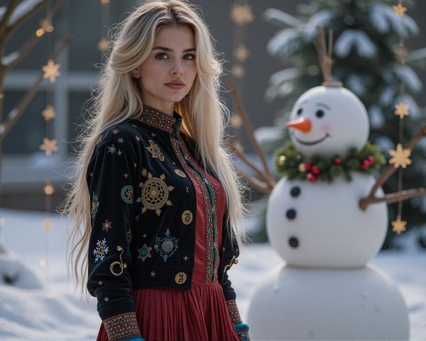 Young woman in snowy setting with festive snowman