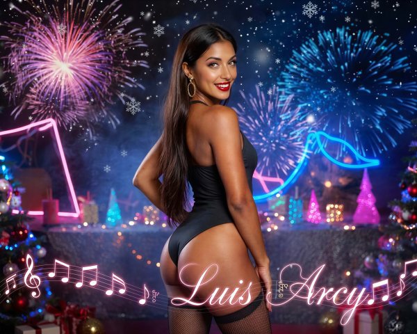 Woman in festive setting with fireworks and Christmas tree