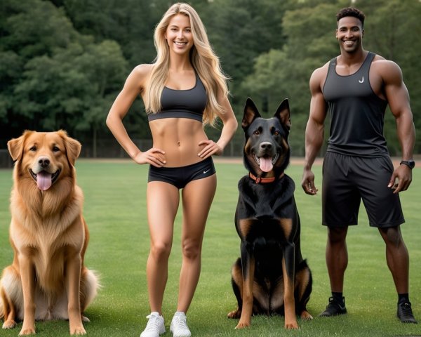 Fit Couple with Dogs in Lush Green Park Setting