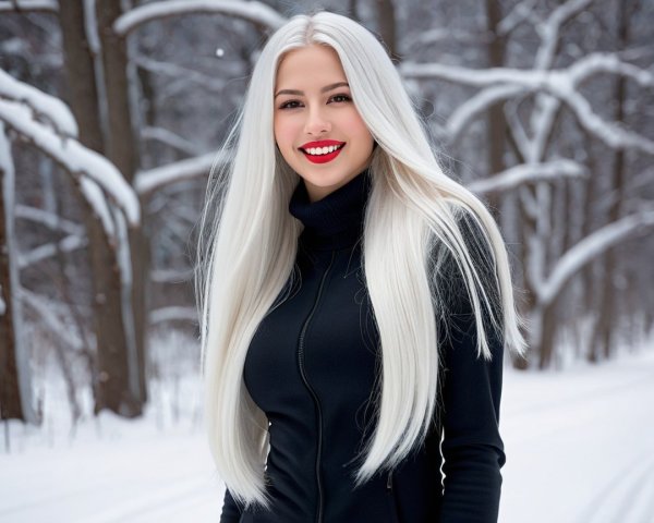 Young woman in snowy forest with platinum hair