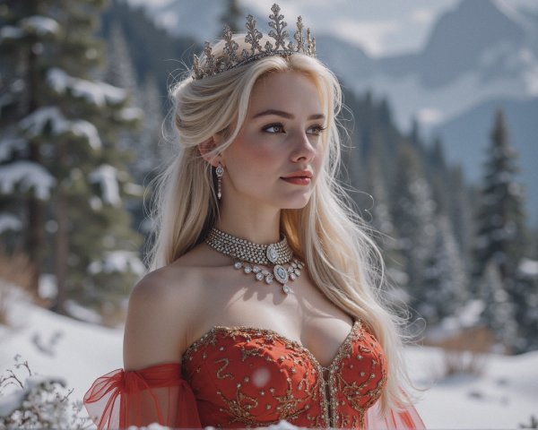 Winter Wonderland Scene with Red Gown and Crown