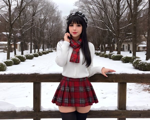 Young woman in cozy winter attire on snowy railing