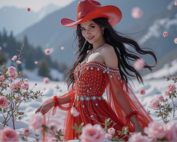 Elegant Woman in Red Dress Amid Snowy Landscape