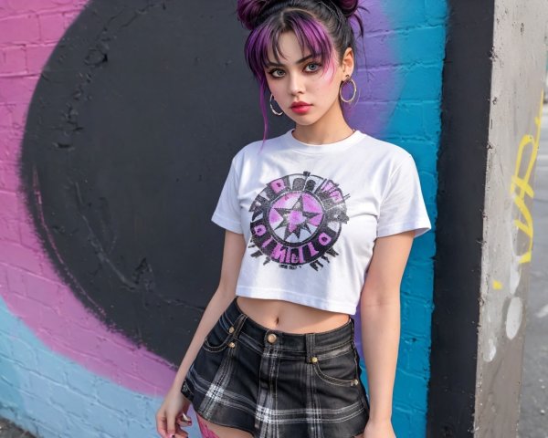 Young Woman Poses by Vibrant Pink and Black Mural
