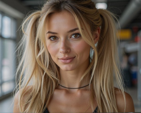 Young woman with blonde pigtails in bright setting