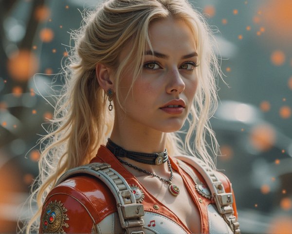 Young woman with blonde hair in vibrant outfit