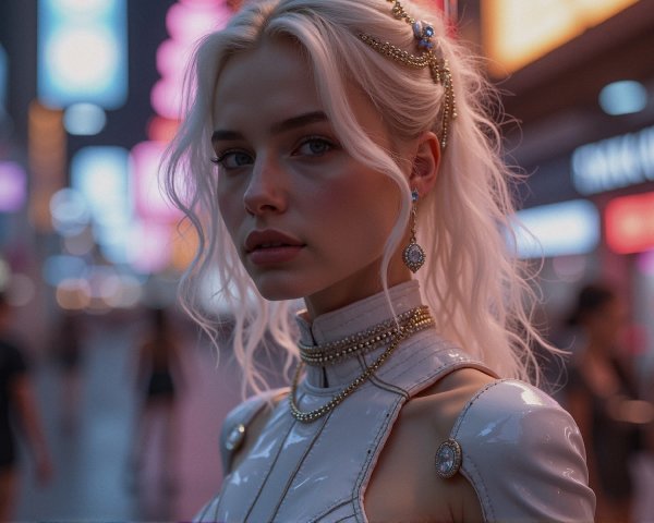 Young woman in neon-lit urban setting with headpiece