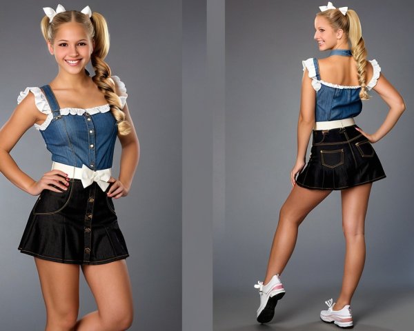 Young Woman in Denim Top and Flared Skirt Outfit