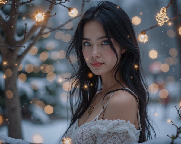 Young Woman in White Dress Against Snowy Background
