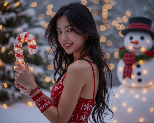 Young Woman in Holiday Outfit with Snowman and Lights