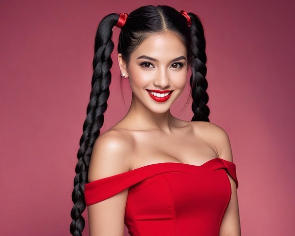 Young woman in red dress with pigtails and makeup