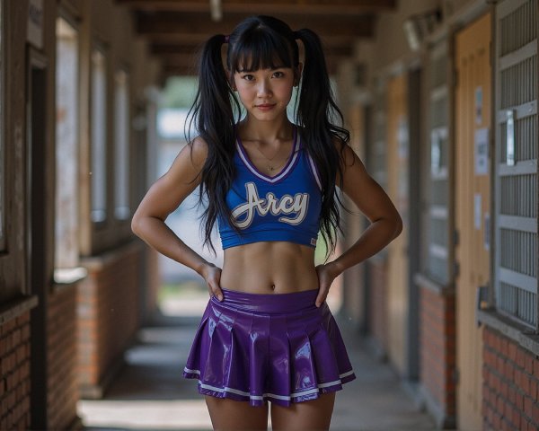 Young woman in blue crop top and purple skirt in corridor