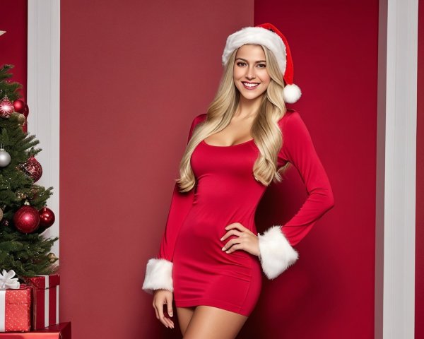 Young Woman in Santa Dress with Christmas Tree and Gifts