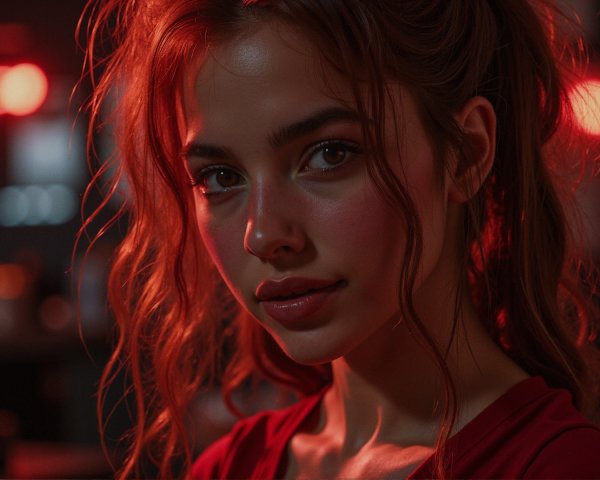 Close-Up Portrait of a Young Woman with Red Lighting