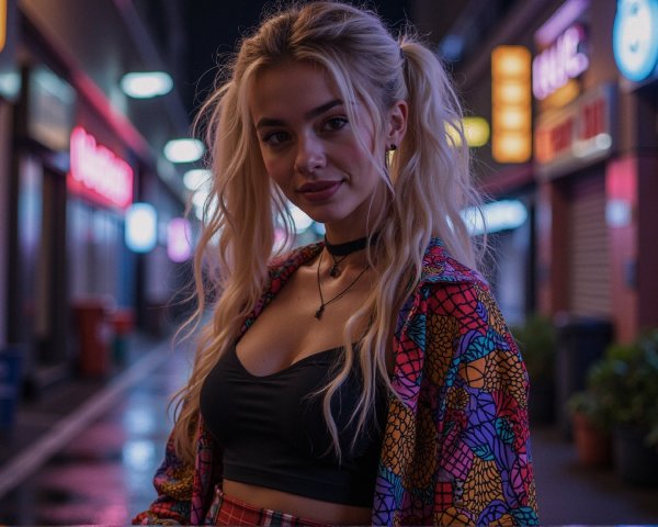 Young woman in neon-lit urban alleyway fashion