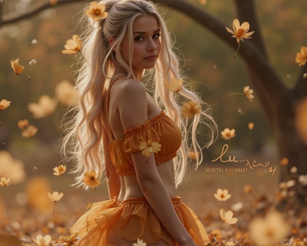 Young Woman in Vibrant Orange Outfit in Autumn Setting