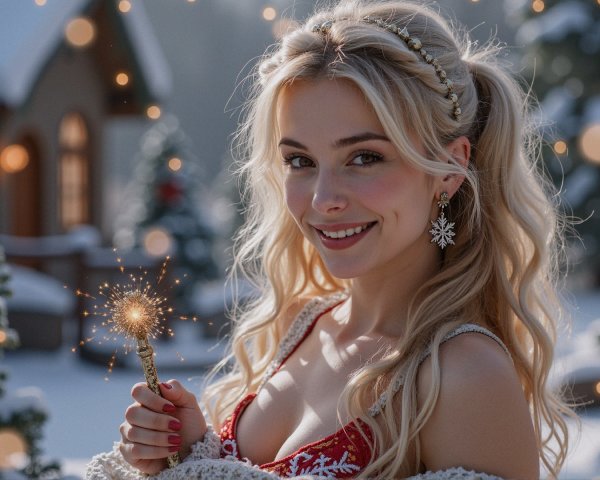Young Woman in Winter Wonderland with Sparkler