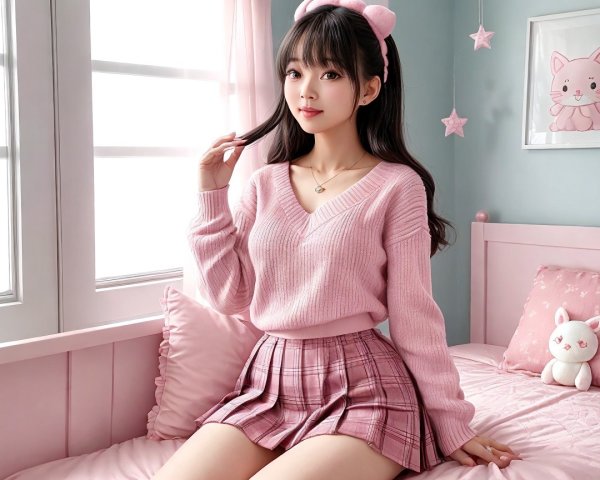 Young woman in pastel room with cozy attire and decor