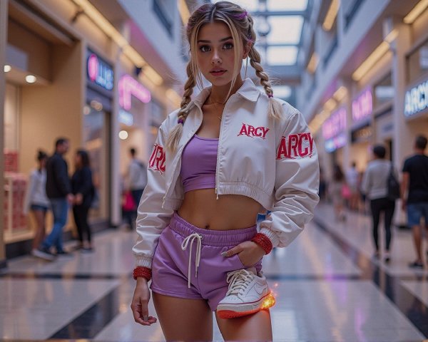 Stylish Young Woman in Modern Shopping Mall Outfit