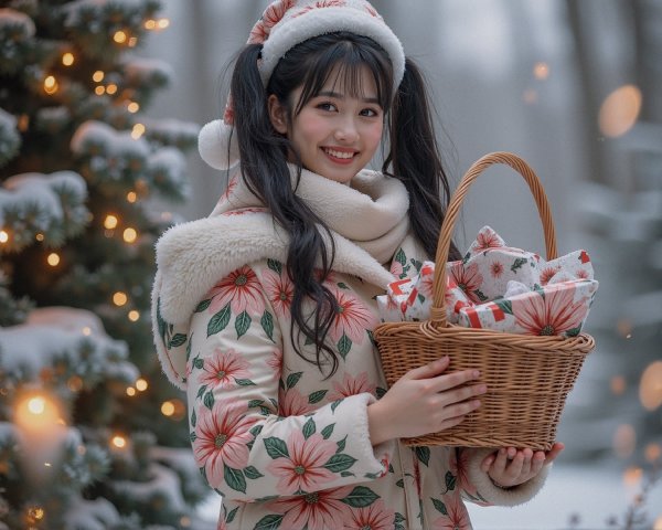 Cheerful Woman in Winter Wonderland with Gifts