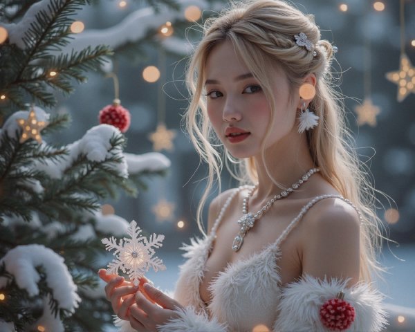 Young Woman in Snowy Scene with Festive Decorations
