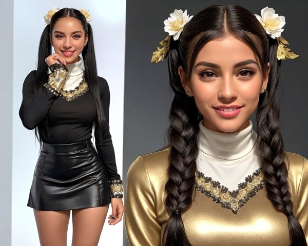 Young woman in stylish outfit with braids and flowers